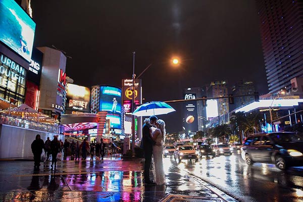 Rainy Day Wedding Photo in Las Vegas by Chapel of the Flowers